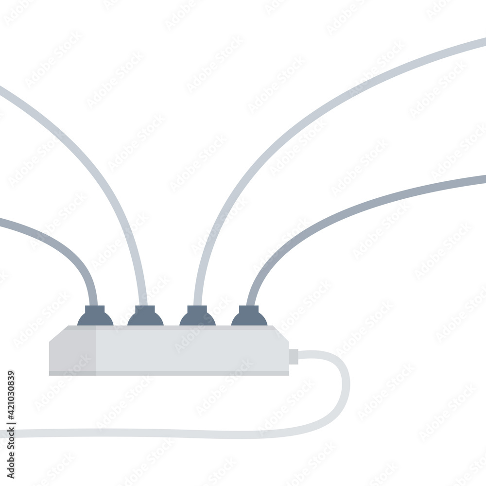 Many outlets to plug with wires. load on system. Cartoon flat illustrationt. Electrical socket. Household appliance at home. High voltage and curren Many outlets to plug with wires. load on system. Cartoon flat illustrationt. Electrical socket. Household appliance at home. High voltage and curren