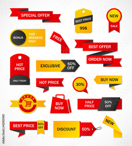 Vector stickers, price tag, banner, label. Coupon sale, offers and promotions vector template. 