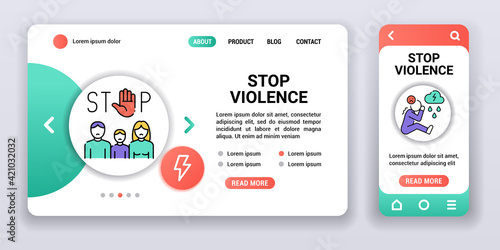 Stop violence web banner and mobile app kit. Family bullying . Outline vector illustration.