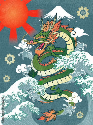 Abstract Art Flying Dragon Among Japanese Torrential Wave, Cloud, Sakura, Water Splash, Red Sun with Radiant and Fuji Mountain On Green Background with Hexagon and Sakura Repeat Pattern Vector Graphic