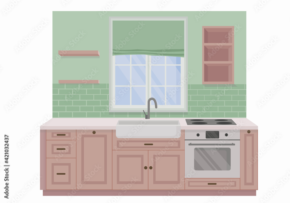 kitchen in pink and green color isolated on a white background. Kitchen design for apartment renovation. Cozy interior. Kitchen without dishes and decor. kitchen in pink and green color isolated on a white background. Kitchen design for apartment renovation. Cozy interior. Kitchen without dishes and decor.