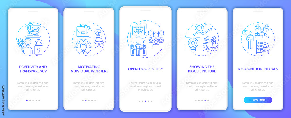 Staff motivation strategies onboarding mobile app page screen with concepts. Encourage workers walkthrough 5 steps graphic instructions. UI vector template with RGB color illustrations