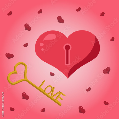 Pink Heart with Keyhole Opened by Fortuna Golden Key Called Love on Gradient Background.