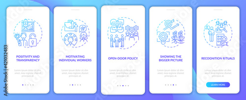 Staff motivation strategies onboarding mobile app page screen with concepts. Encourage workers walkthrough 5 steps graphic instructions. UI vector template with RGB color illustrations