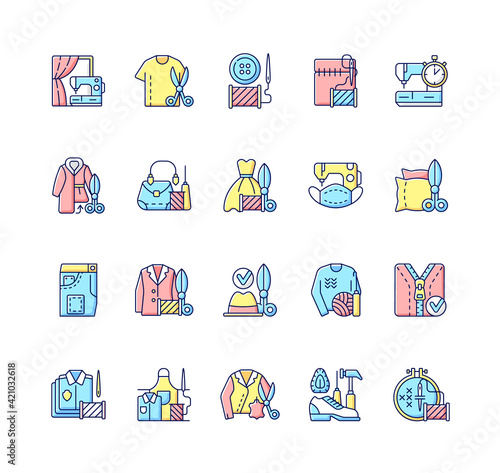 Clothing alteration and repair services RGB color icons set. Professional upholstery. Embroidery and stitching seams. Sewing machine. Garment restoration. Isolated vector illustrations