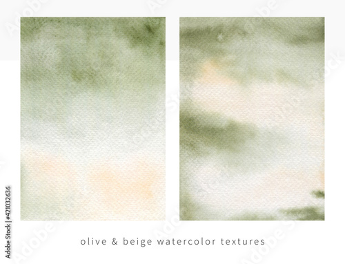 Watercolor abstract olive green and beige texture background set. Hand painted illustration for greeting cards, wedding invitations, blog background, social media, posters and other.