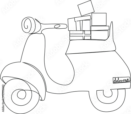 The delivery service delivers parcels on a moped. line art, one line. Isolated vector illustration