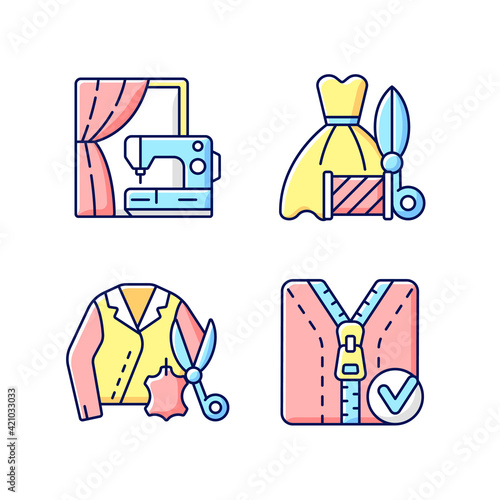 Clothes repair service RGB color icons set. Professional upholstery. Sewing machine. Zipper replacement. Leather jacket. Textile and fabric alteration. Isolated vector illustrations