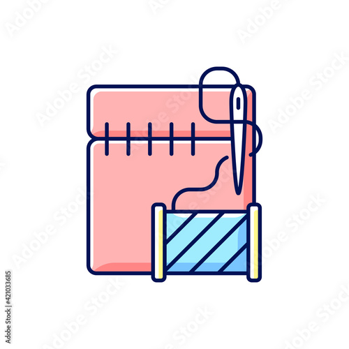 Hemming and seam repair RGB color icon. Needle stitching clothes. Thread with spool. Work with textile. Garment restoration. Clothing alteration and repair services. Isolated vector illustration