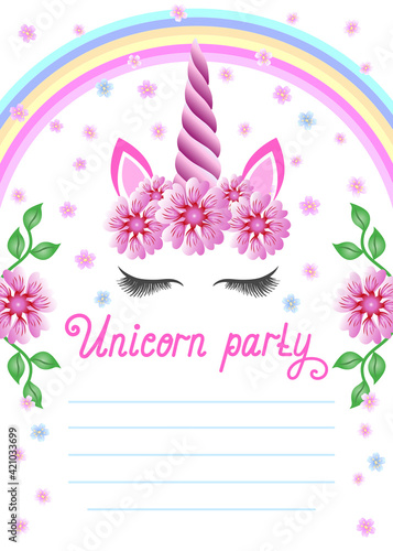 Baby Birthday Party Invitation. Fabulous Unicorn  Magical celebration invite. Fairy unicorn princess girl for magic party invitation design.