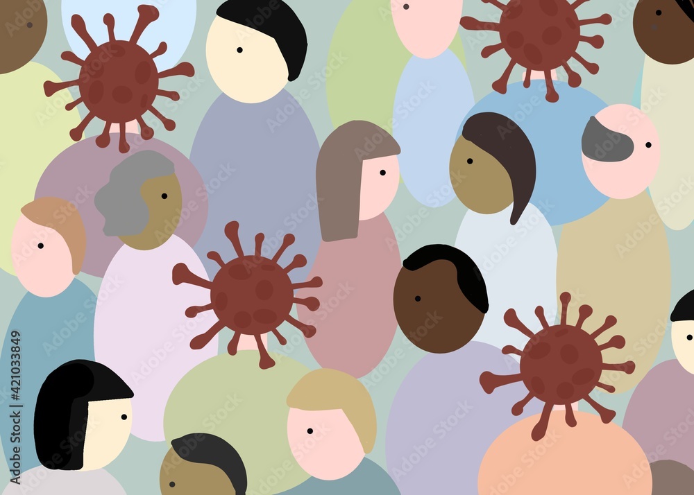 simple, colorful sketch illustration of people infected by coronavirus among group of people all over the world with every skin color. Pandemic spread concept.