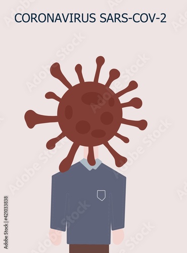 Obraz na płótnie Simple drawing illustration of coronavirus pandemic concept: a man with a covid19, sars-cov-2 particle instead of his head. Corona sceptic, worldwide panic caused by the virus. w salonie