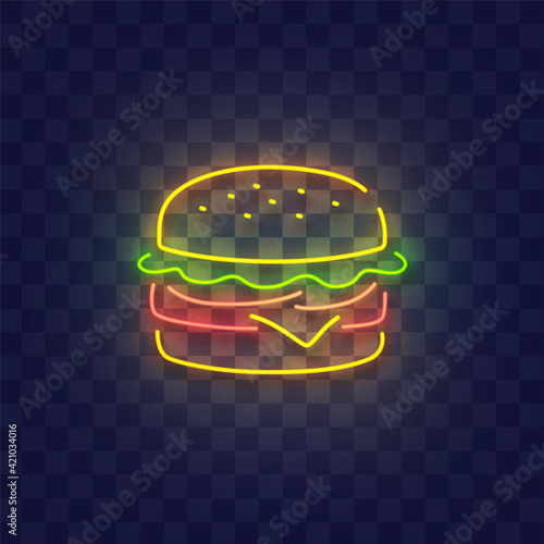 Burger neon sign, bright signboard, light banner. Burger logo neon, emblem. Vector illustration