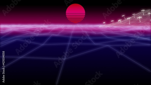 synthwave island and a sun Background 3d render