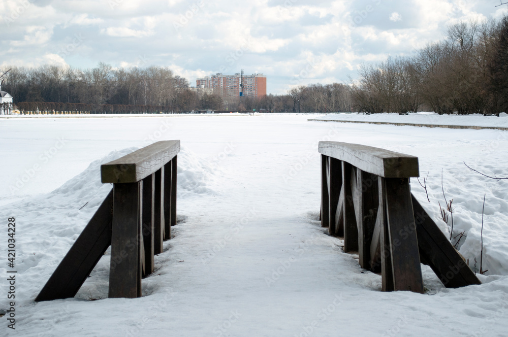 Naklejka premium Panoramic views of the frozen lake, forest and houses. Wooden bridge over the stream