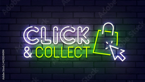 Click and collect neon sign, bright signboard, light banner. Click and collect logo neon, emblem. Vector illustration