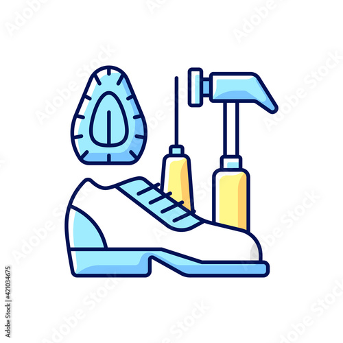 Shoe repair and reconditioning RGB color icon. Professional shoemaker workshop. Instruments to fix boots. Garment restoration. Clothing alteration and repair services. Isolated vector illustration
