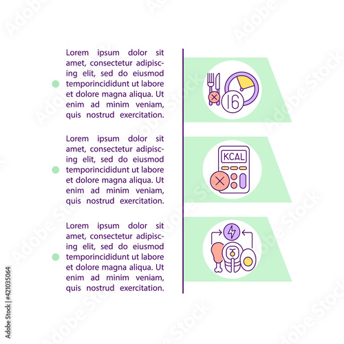 Intermittent fasting diet method concept icon with text. Eating interval. Calorie count. PPT page vector template. Brochure, magazine, booklet design element with linear illustrations