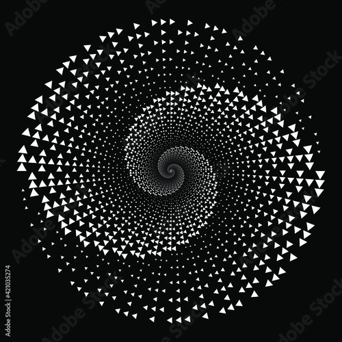White abstract tiny triangles in vortex form. Geometric art. Trendy design element for border frame, logo, blackout tattoo, symbol, web, prints, posters, template, pattern and abstract background
