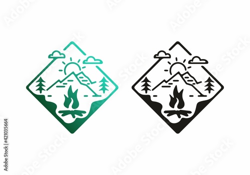 Green and black color of bonfire in the jungle line art illustration
