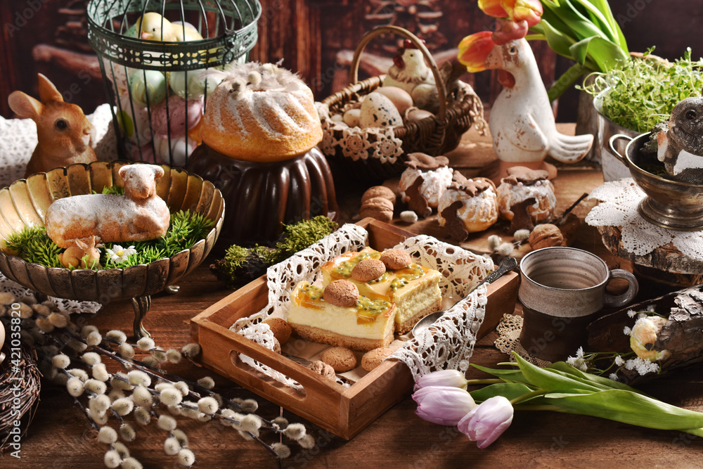 Traditional Easter pastries on festive table in rustic style