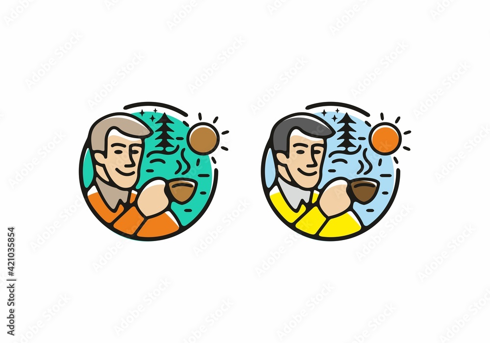 Colorful illustration of man drink a cup of coffee in circle shape Colorful illustration of man drink a cup of coffee in circle shape