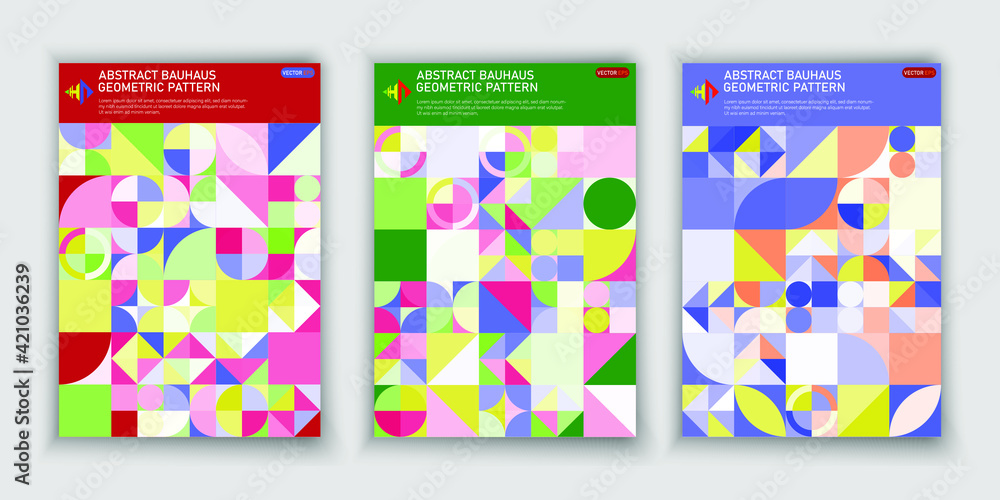 Set of abstract bauhaus geometric pattern with colorful shapes isolated on different color background vector design