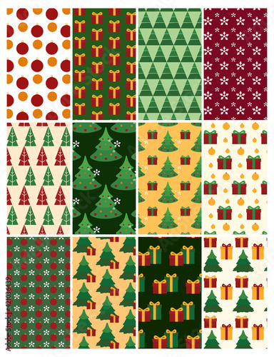 Vector set of seamless Christmas patterns and backgrounds. For printing on textiles, wallpaper, covers, web, wrapper paper, banners, poster. Party stuff and Decorating. Gifts, tree and ball. New year.