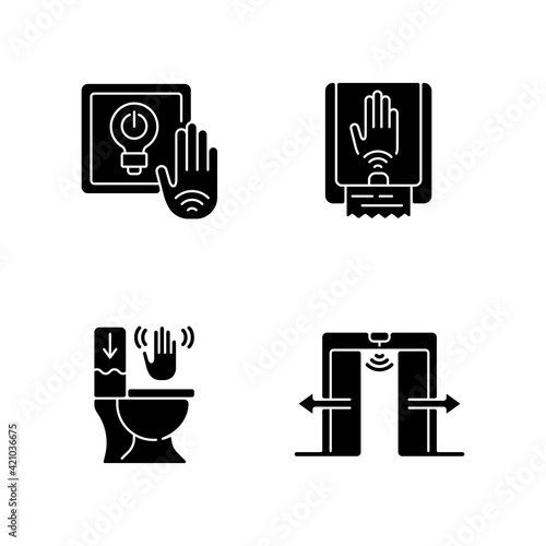 Contactless technology black glyph icons set on white space. No touch light switch in public places. Automatic doors to reduce touching. Silhouette symbols. Vector isolated illustration