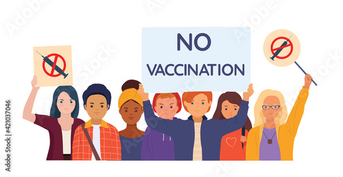Anti-vaccination demonstration. Young people with placards protesting against mandatory vaccination.