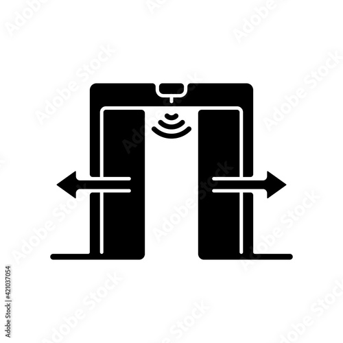 Automatic door black glyph icon. Door that opens automatically with use of sensor which triggers when person comes in front of it. Silhouette symbol on white space. Vector isolated illustration