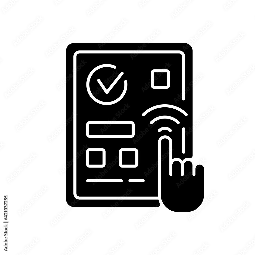 Predictive touch technology black glyph icon. Device keeps people hands away from public displays to reduce risk of spreading pathogens. Silhouette symbol on white space. Vector isolated illustration Predictive touch technology black glyph icon. Device keeps people hands away from public displays to reduce risk of spreading pathogens. Silhouette symbol on white space. Vector isolated illustration