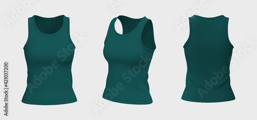 Blank sleeveless t-shirt mockup in front, side and back views, design presentation for print, 3d illustration, 3d rendering