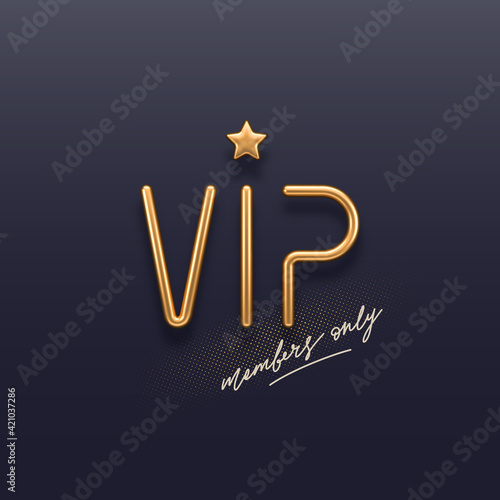 VIP invitation template with 3d golden letters. Realistic golden metal VIP sign on a dark background. Premium design. Vector illustration.