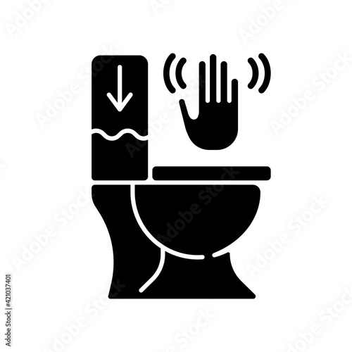 Touchless toilet flush black glyph icon. Advanced flushing systems that do not require contact with any surfaces to flush waste. Silhouette symbol on white space. Vector isolated illustration