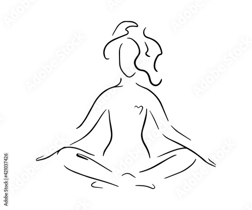 Woman in lotus position. Vector illustration of lineart style. Yoga pose flat line icon, simple sign of woman in easy pose