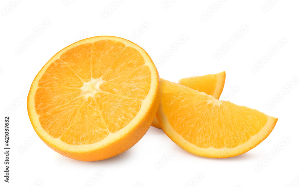 Cut fresh ripe orange on white background Cut fresh ripe orange on white background