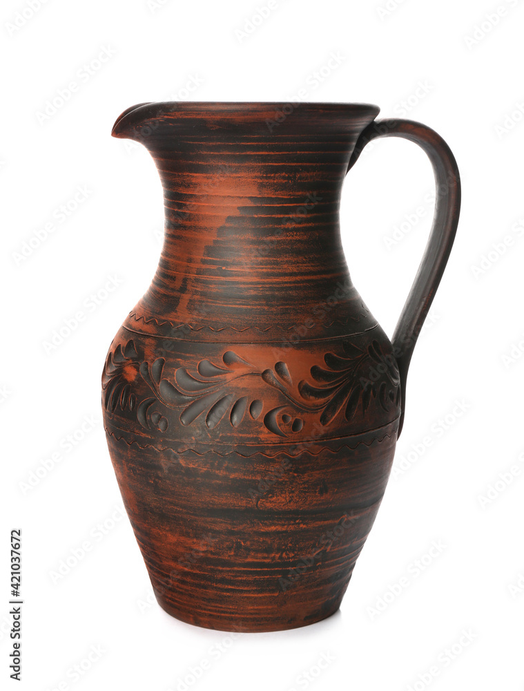 Stylish brown clay jug isolated on white