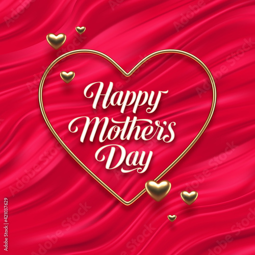 Mothers day calligraphic greeting in heart shaped golden frame on red fluid waves background. Love symbol - realistic golden metal 3d hearts. Vector illustration.