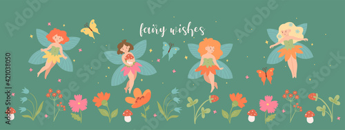 Banner with cute fairies and flowers. Vector graphics.