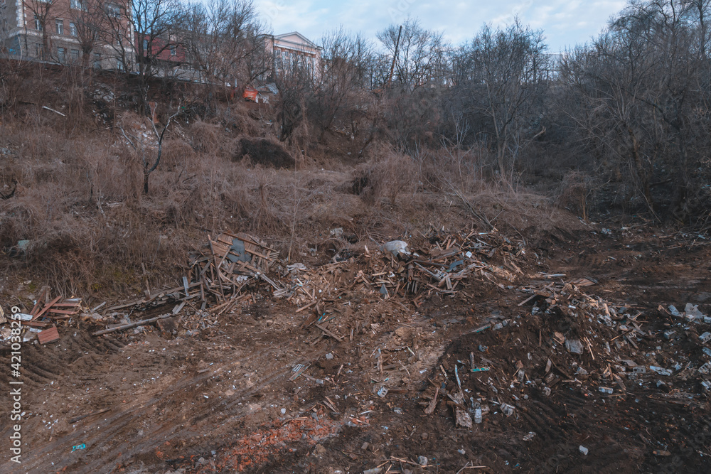 destruction of old buildings and structures. development for new housing. drone photo destruction of old buildings and structures. development for new housing. drone photo