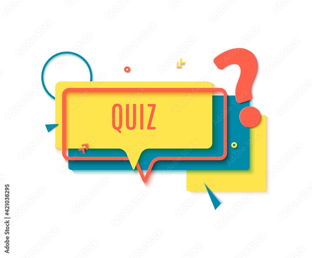 Quiz online label in paper cut style. Layout banner with yellow rectangular speech bubble red frame and question mark. Layered papercut sticker with geometric shapes for ad flyer. Vector illustration. Quiz online label in paper cut style. Layout banner with yellow rectangular speech bubble red frame and question mark. Layered papercut sticker with geometric shapes for ad flyer. Vector illustration.