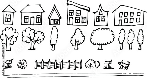 Set of simple houses and trees, street. Vector street, houses, bushes, trees.
