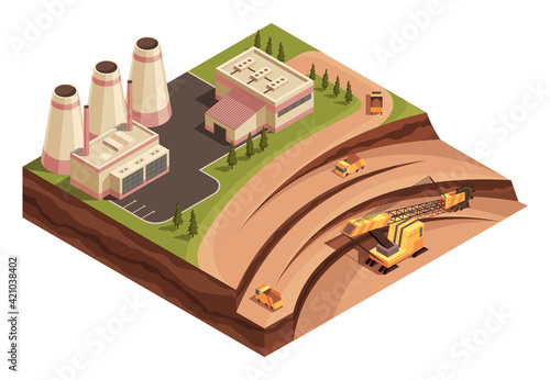 Isometric mining industry and power generating. Composition with images of factory buildings and opencast mine with extractive equipment for quarrying. Industrial vehicles working in extraction area
