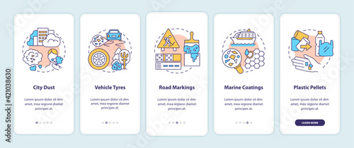 Microplastics sources onboarding mobile app page screen with concepts. City dust walkthrough 5 steps graphic instructions. Vehicle tyres. UI vector template with RGB color illustrations