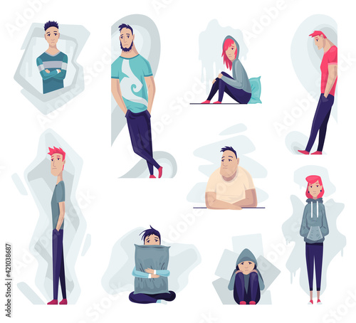 Group of depressed people. Sad man and woman in different poses seating, standing. Lonely teenagers. Symbol of sorrow, sadness and mental disorder. Unhappy and stressed students. Creative vector