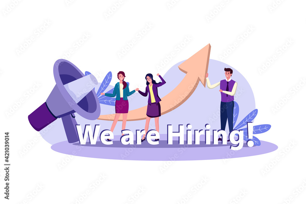 A team work standing and sitting with big megaphone behind and shout We are Hiring