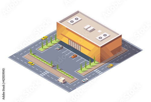 Isometric supermarket or grocery store building and street. Vector isometric icon or infographic element representing mall building with parking lot. 3D shop market for city infrastructure