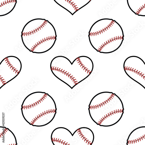 A baseball. A baseball in the shape of a heart. Seamless background. A theme symbolizing the love of baseball.