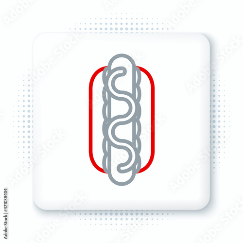 Line Hotdog sandwich with mustard icon isolated on white background. Sausage icon. Street fast food menu. Colorful outline concept. Vector